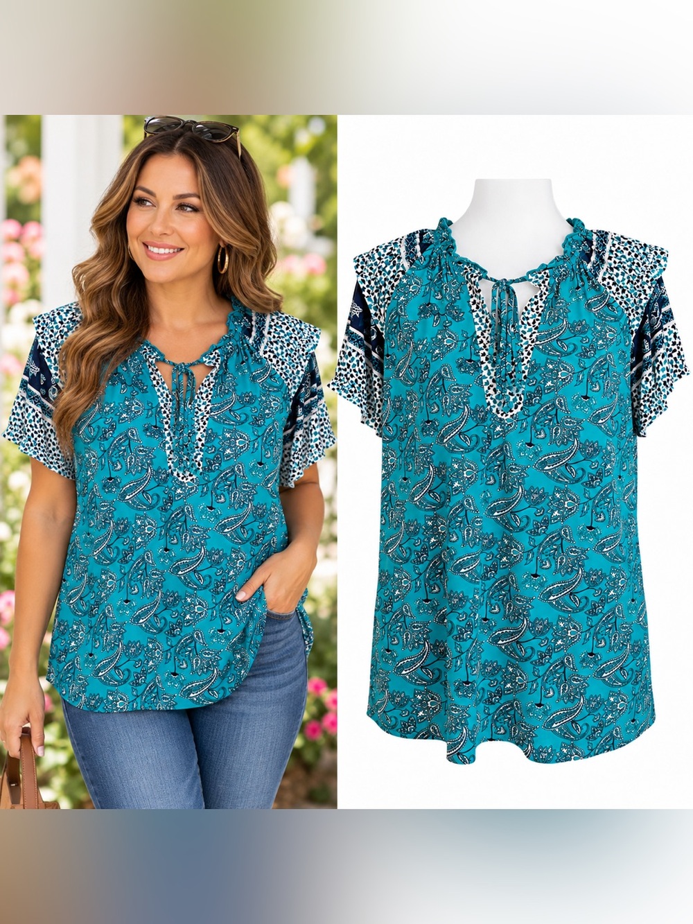 Blue Sol Paisley Tie-Neck Women's Top Size Medium Boho Resort Tropical 70’s Chic